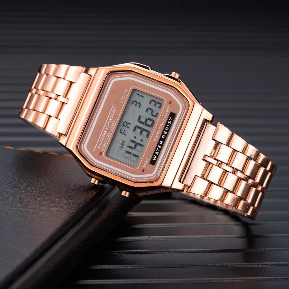 Montre numérique LED de luxe pour homme, montre-bracelet électronique en acier inoxydable, design simple, finition or et argent 7