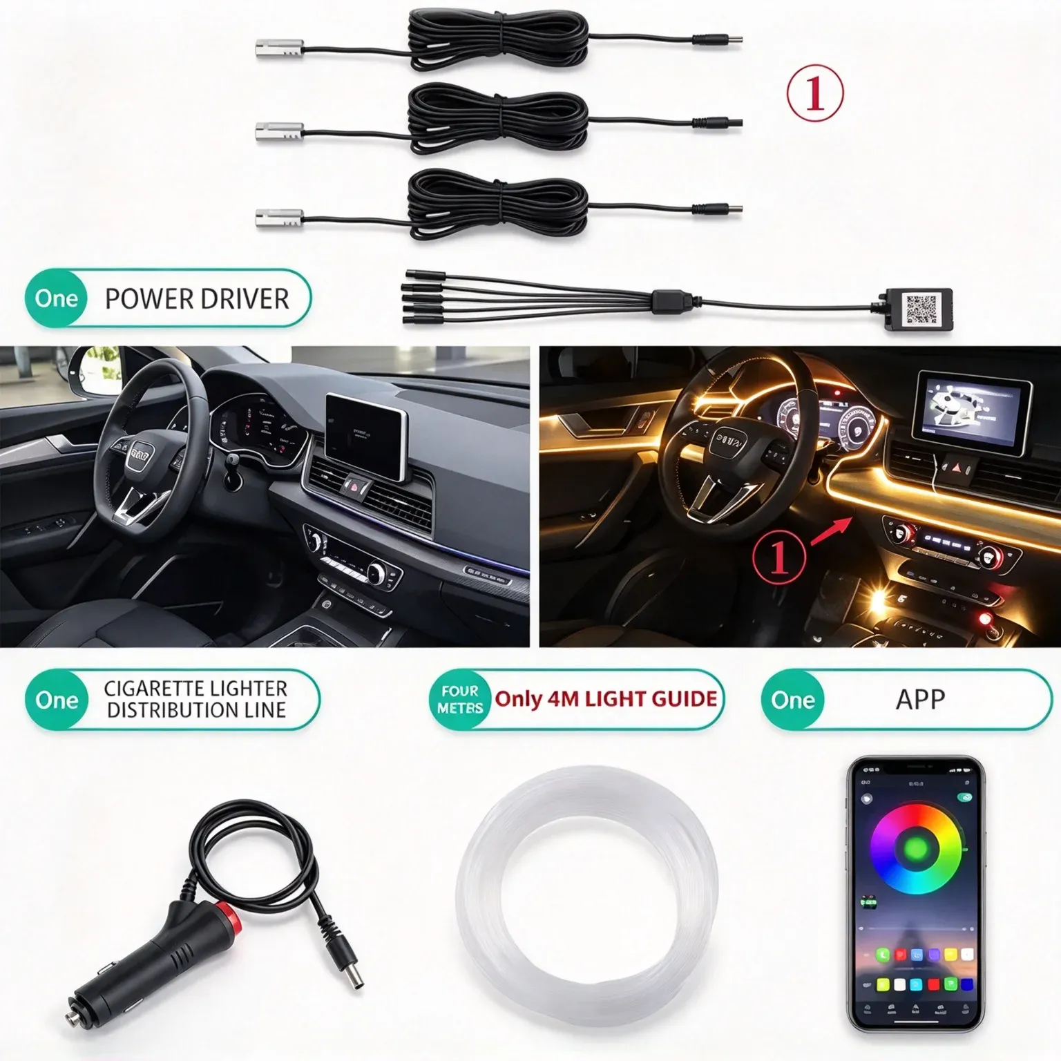 Bande lumineuse LED néon RVB pour habitacle de voiture, 12 V, avec contrôle par application 17