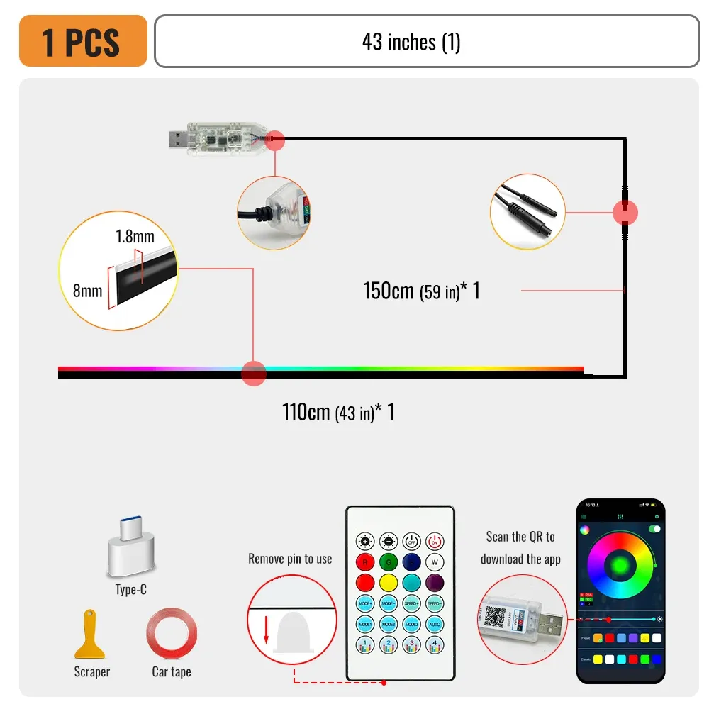 Bandes LED RGB d'ambiance pour voiture, 110 cm, à commande par application 8
