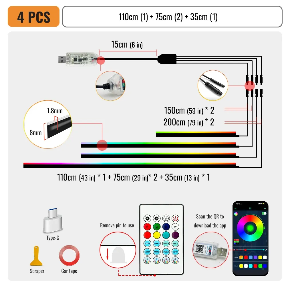 Bandes LED RGB d'ambiance pour voiture, 110 cm, à commande par application 7