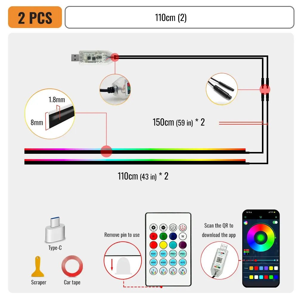 Bandes LED RGB d'ambiance pour voiture, 110 cm, à commande par application 10
