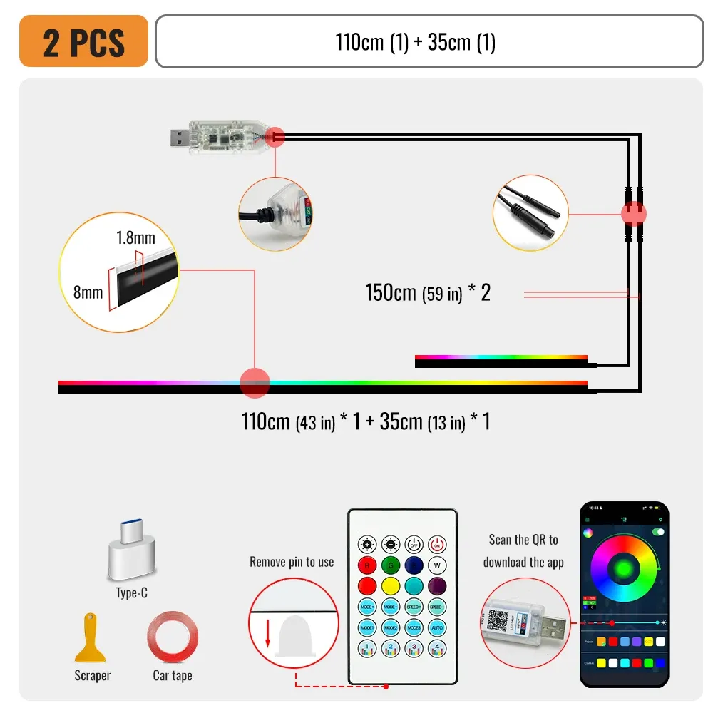 Bandes LED RGB d'ambiance pour voiture, 110 cm, à commande par application 9