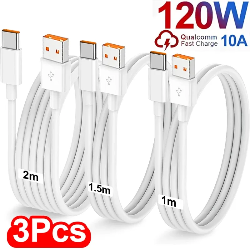 Câble de charge rapide USB-A vers USB-C 120W 10A, transfert de données haute vitesse, compatible Samsung, Xiaomi et Huawei (lot de 1 ou 3)