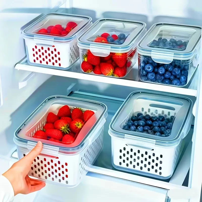 Lot de 6 contenants de grande capacité pour la conservation des fruits au réfrigérateur, avec panier d'égouttage amovible - Image 1