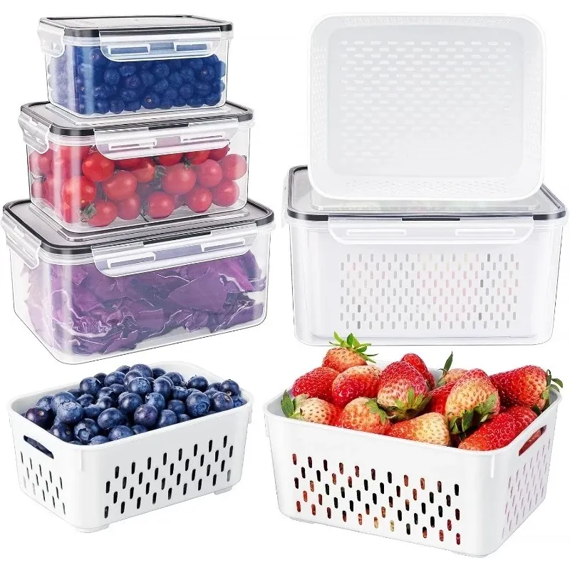 Lot de 6 contenants de grande capacité pour la conservation des fruits au réfrigérateur, avec panier d'égouttage amovible 3