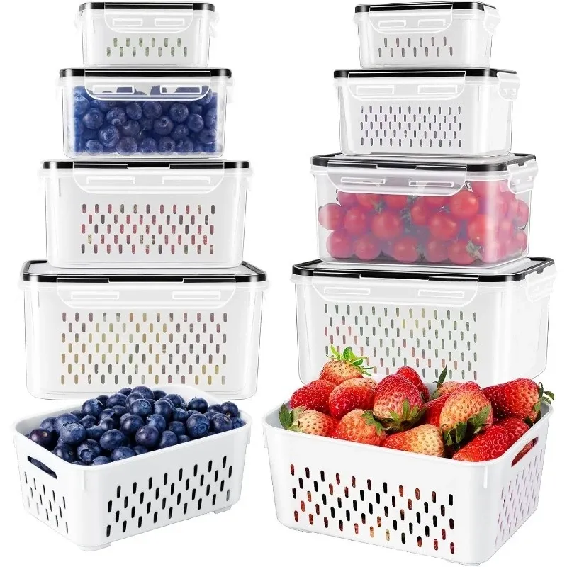 Lot de 6 contenants de grande capacité pour la conservation des fruits au réfrigérateur, avec panier d'égouttage amovible 2