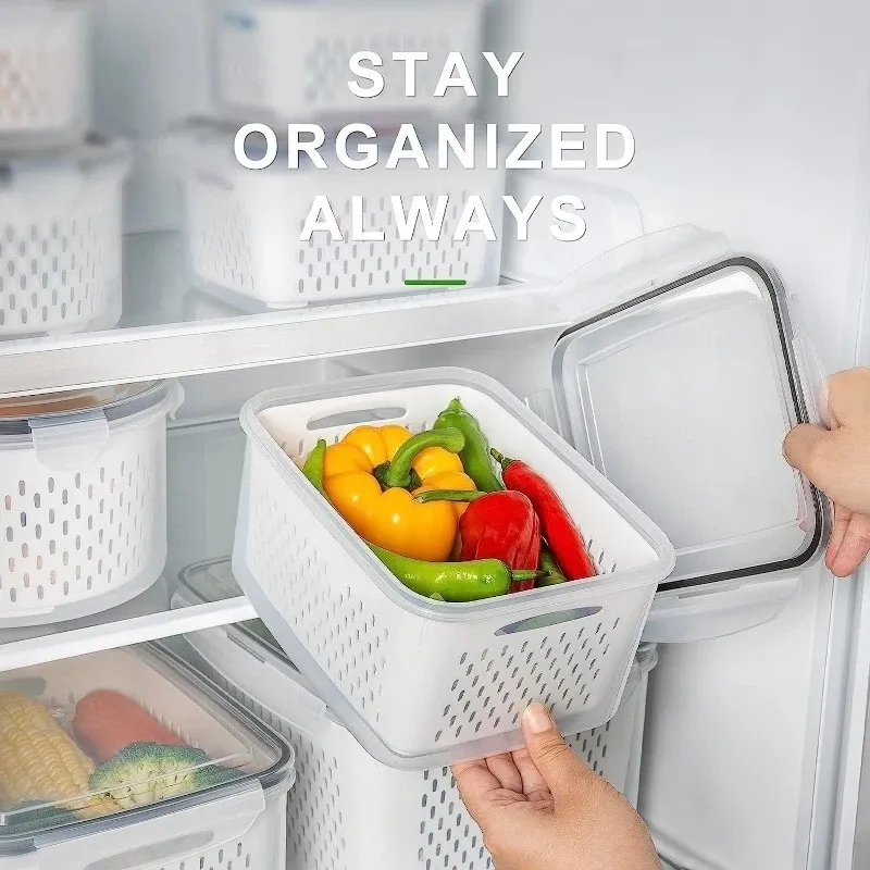 Lot de 6 contenants de grande capacité pour la conservation des fruits au réfrigérateur, avec panier d'égouttage amovible 5