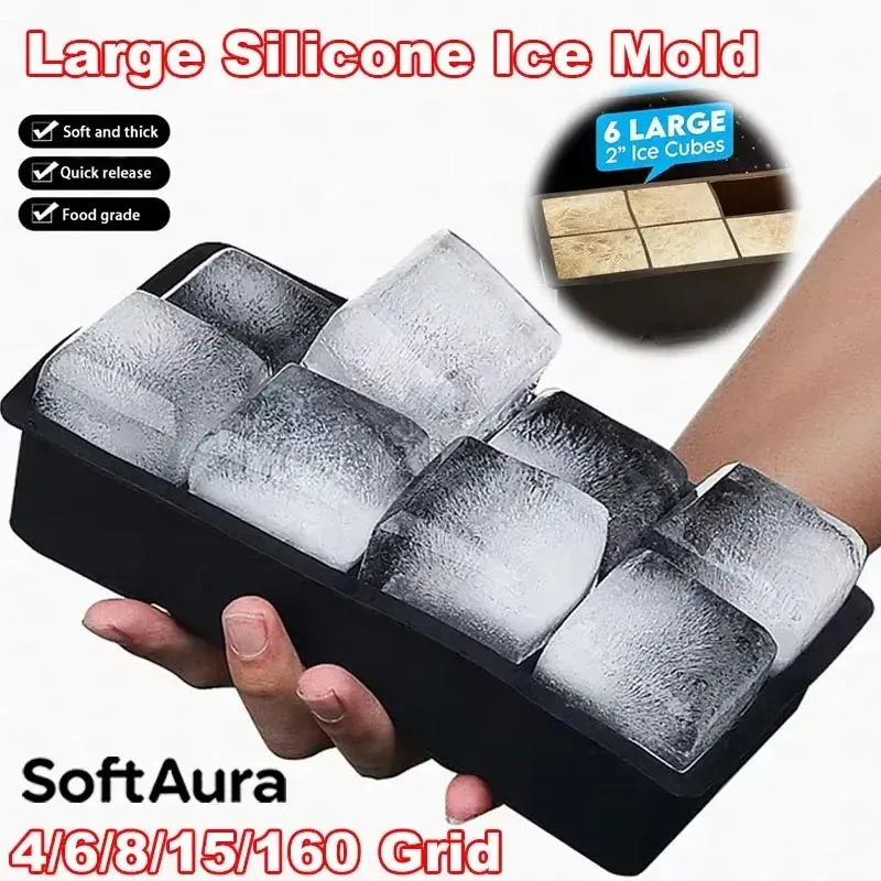 SoftAura Moule à glaçons en silicone de qualité alimentaire, grands cubes carrés, lot de 4, 6, 8, 15 ou 160 grilles, pour la maison, la cuisine et le bricolage - Image 1