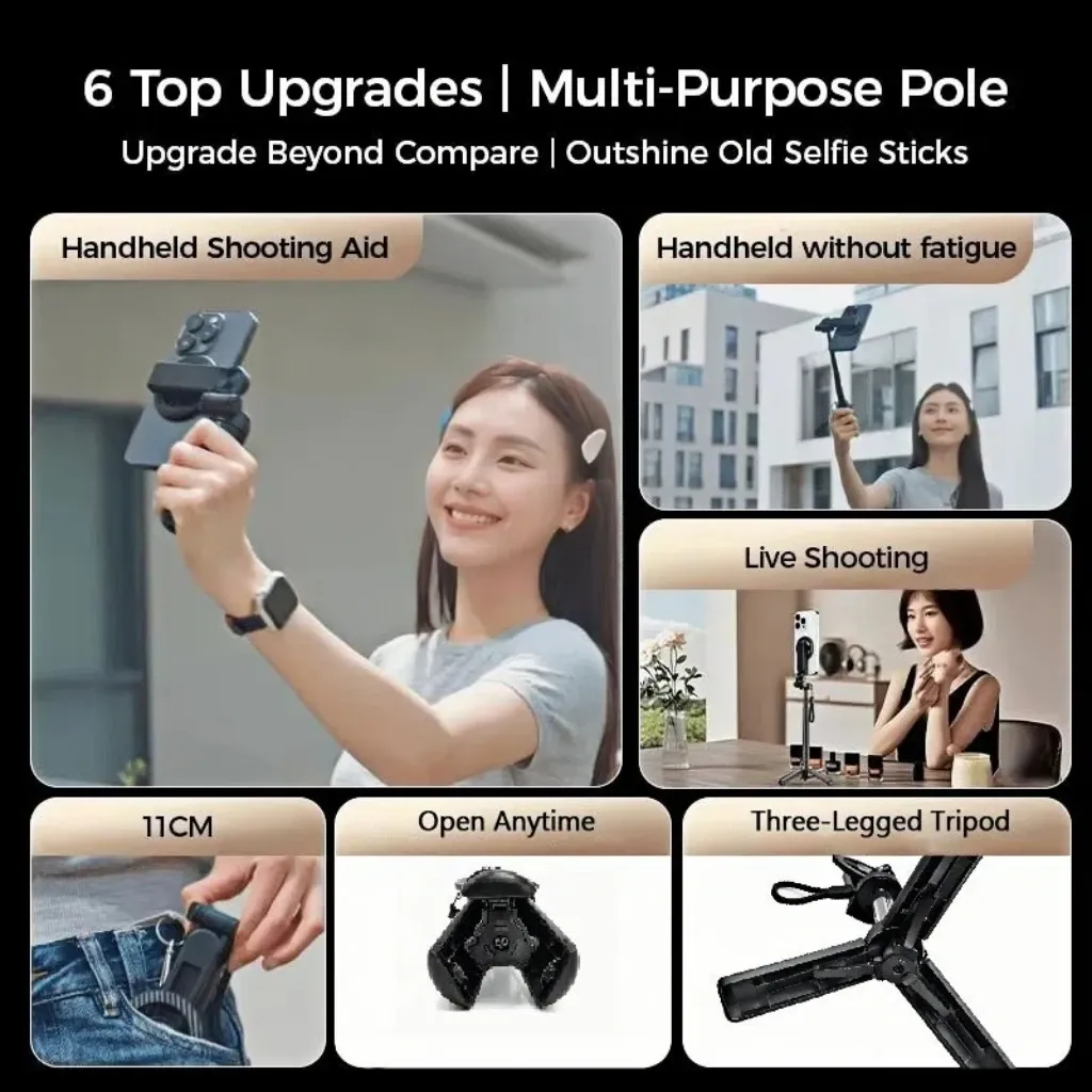 Perche à selfie magnétique 4 en 1 avec rotation à 360°, télécommande Bluetooth sans fil et support de téléphone magnétique 2