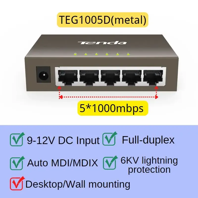 Commutateur Gigabit Tenda 5 ports, réseau intelligent 1000 Mbps, switch Ethernet de bureau, réseau Ethernet rapide pour caméra de surveillance 8