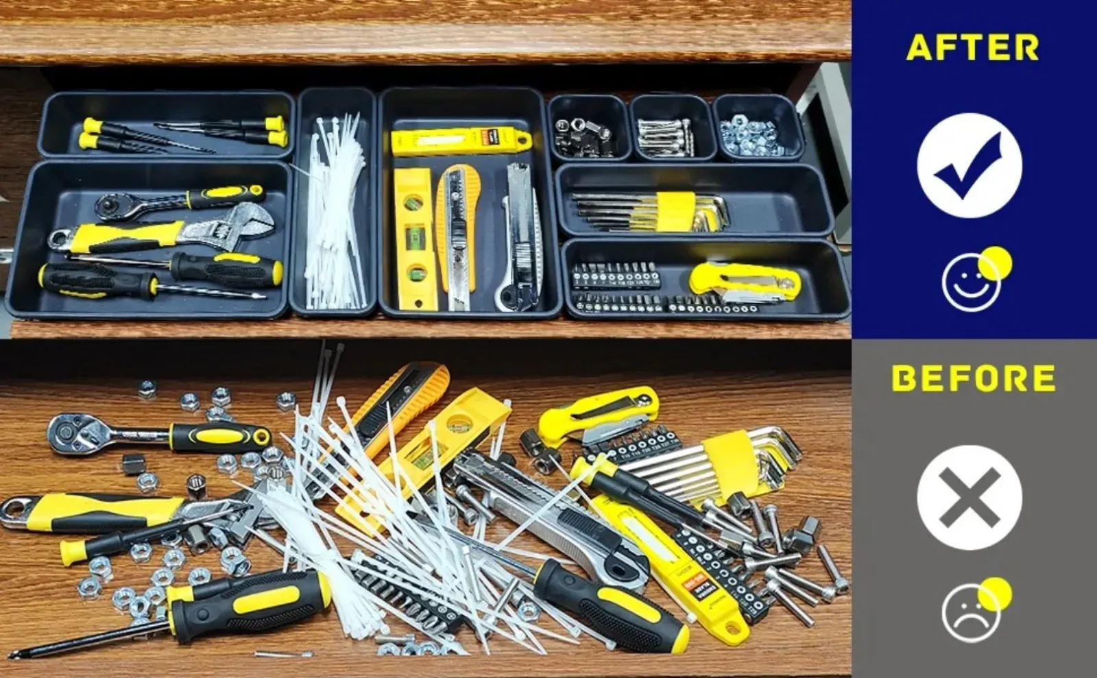 Compartiments assemblés dans une boîte à outils