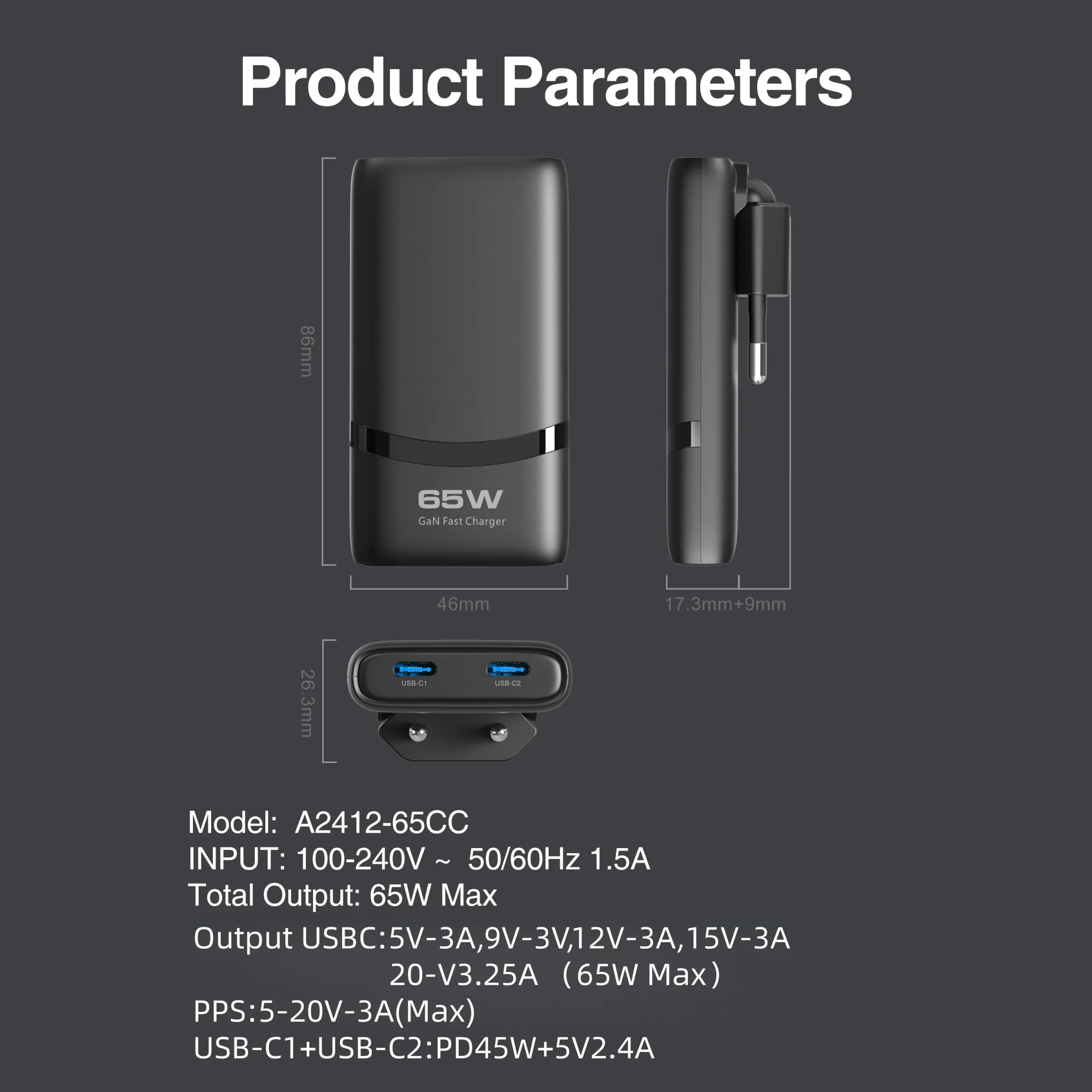 Chargeur USB-C pliable ultra-fin 65 W GaN, compatible charge rapide, pour smartphones et appareils 5 V/2,4 A 6