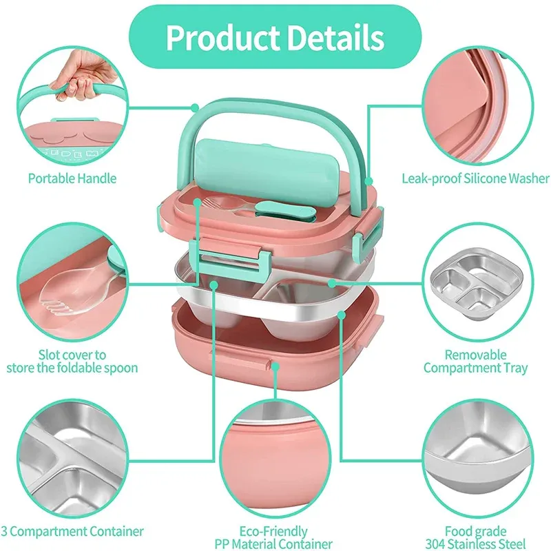 Boîte à bento isotherme en acier inoxydable de 500 ml, boîte à déjeuner isotherme pour jeunes enfants et fillettes, compartiments en métal, boîte à déjeuner étanche 2