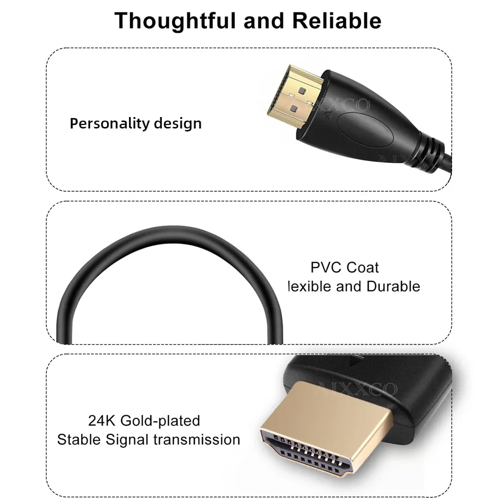 Câble HDMI plaqué or AIXXCO détail des connecteurs