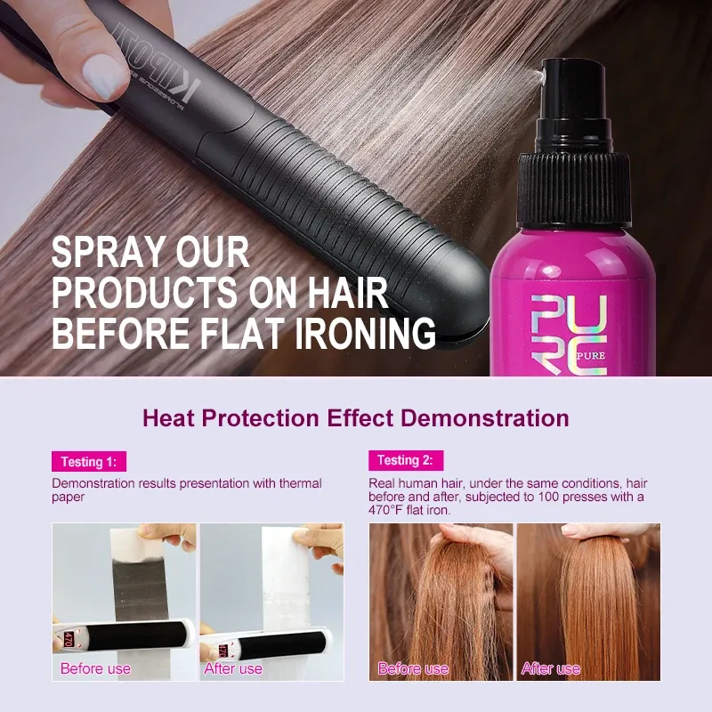 PURC Spray protecteur thermique à l'huile de noix de coco, anti-frisottis et brillance, tous types de cheveux, protection jusqu'à 243 °C 3