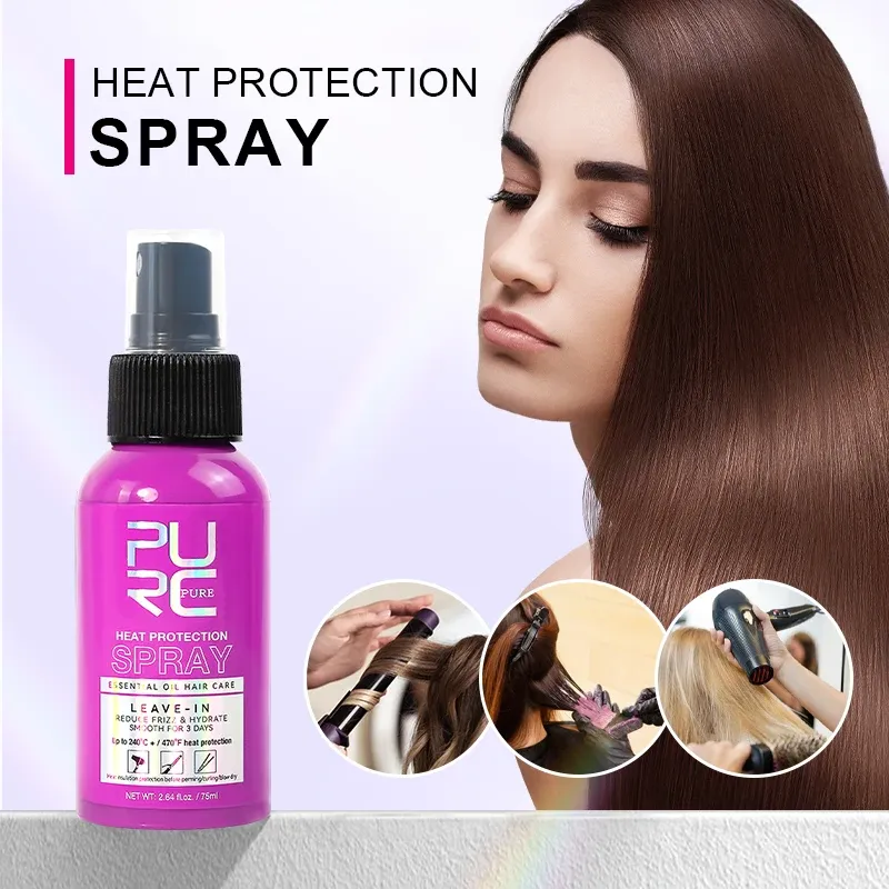 PURC Spray protecteur thermique à l'huile de noix de coco, anti-frisottis et brillance, tous types de cheveux, protection jusqu'à 243 °C - Image 1