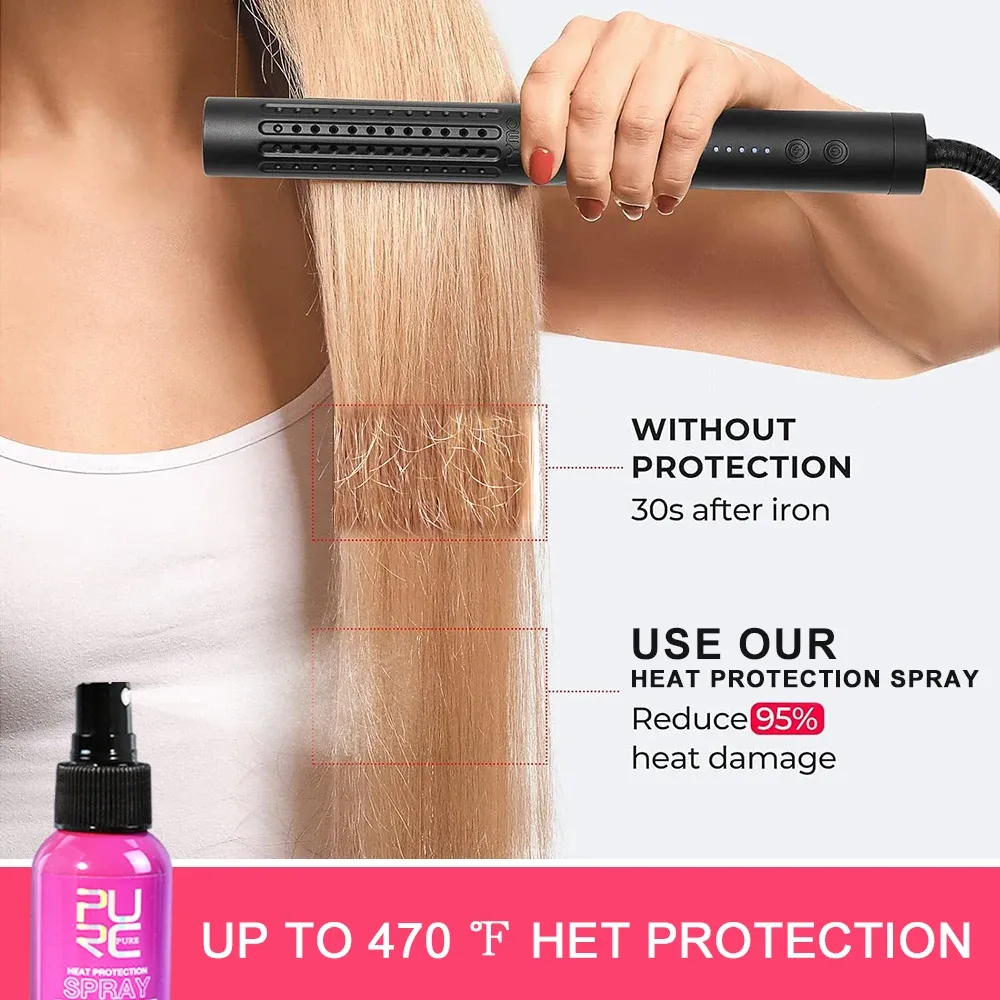 PURC Spray protecteur thermique à l'huile de noix de coco, anti-frisottis et brillance, tous types de cheveux, protection jusqu'à 243 °C 2