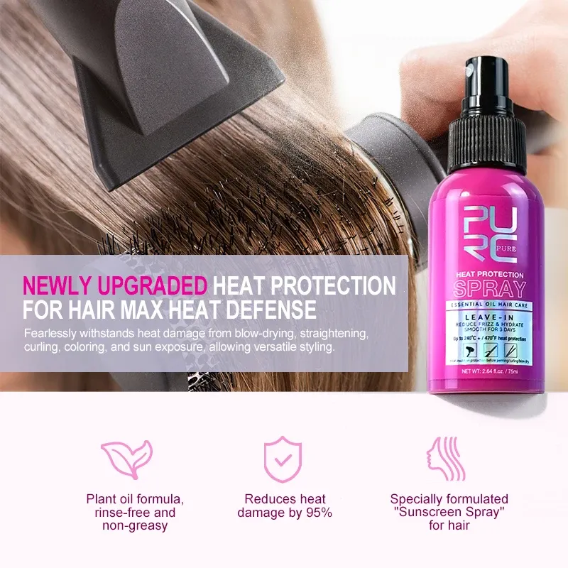 PURC Spray protecteur thermique à l'huile de noix de coco, anti-frisottis et brillance, tous types de cheveux, protection jusqu'à 243 °C 4