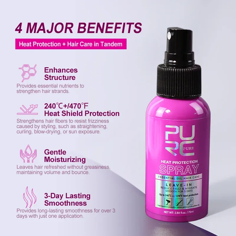 PURC Spray protecteur thermique à l'huile de noix de coco, anti-frisottis et brillance, tous types de cheveux, protection jusqu'à 243 °C 5