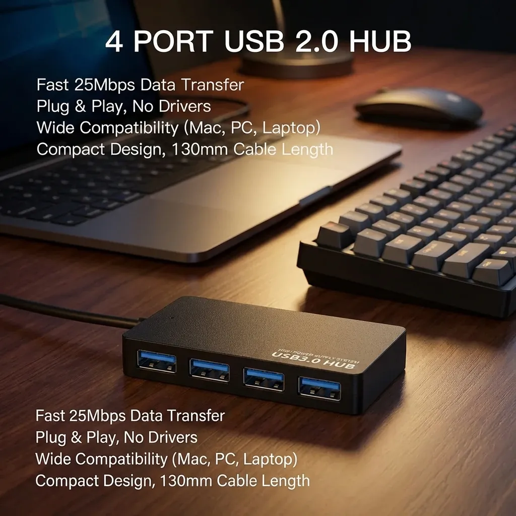 Hub USB 2.0 haute vitesse à 4 ports, adaptateur séparateur de données, extension Plug and Play multisystème pour une connectivité optimisée