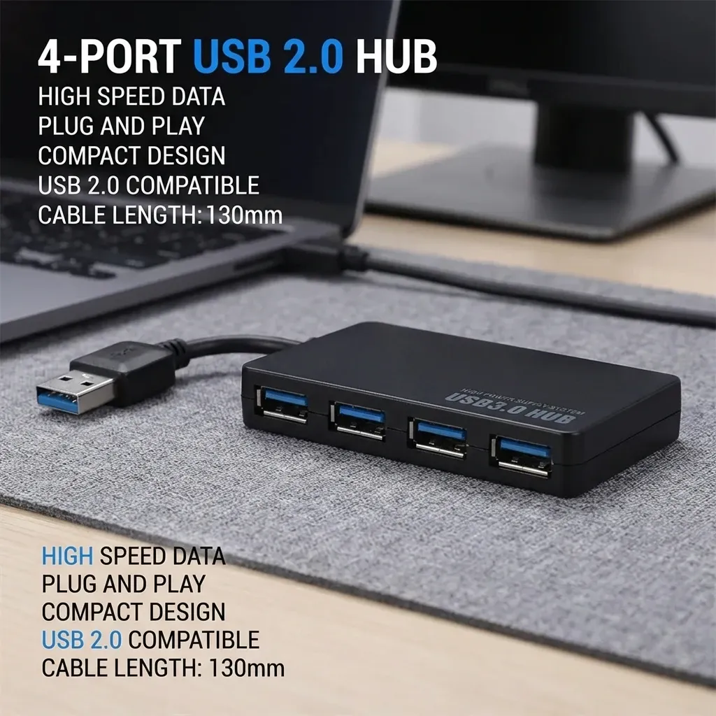 Hub USB 2.0 haute vitesse à 4 ports, adaptateur séparateur de données, extension Plug and Play multisystème pour une connectivité optimisée 2