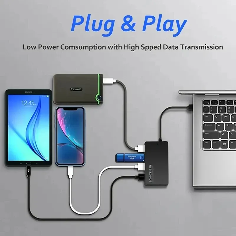 Hub USB 2.0 haute vitesse à 4 ports, adaptateur séparateur de données, extension Plug and Play multisystème pour une connectivité optimisée 5
