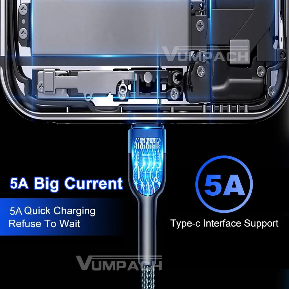 Câble USB-C à charge rapide pour Samsung S21, Xiaomi, Vivo, iPhone 16 et 15, Huawei 3
