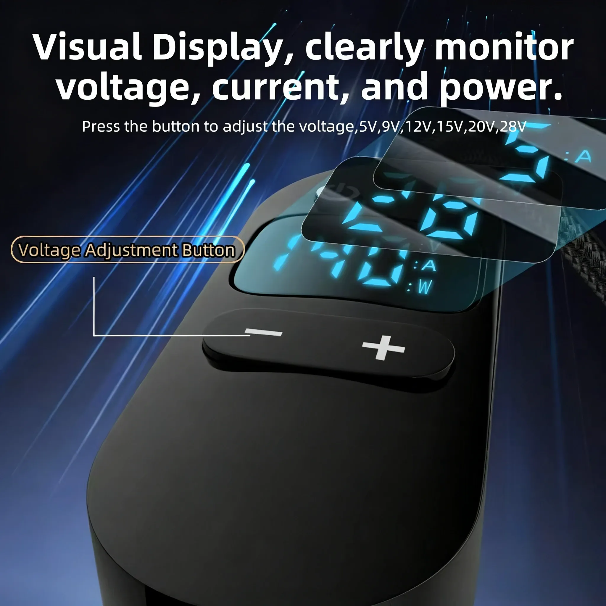 The title is already in French, so this is a cleanup: removing the sales-style repetition while keeping the technical details.

Câble d'alimentation USB-C vers DC 140 W, avec tension réglable 5 V, 9 V, 12 V, 15 V, 20 V et 28 V, pour ordinateur portable et routeur 2