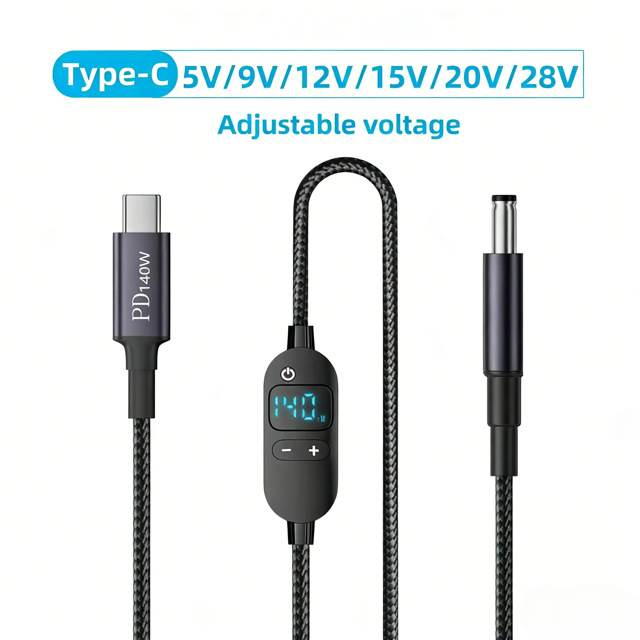 The title is already in French, so this is a cleanup: removing the sales-style repetition while keeping the technical details.
Câble d'alimentation USB-C vers DC 140 W, avec tension réglable 5 V, 9 V, 12 V, 15 V, 20 V et 28 V, pour ordinateur portable et routeur