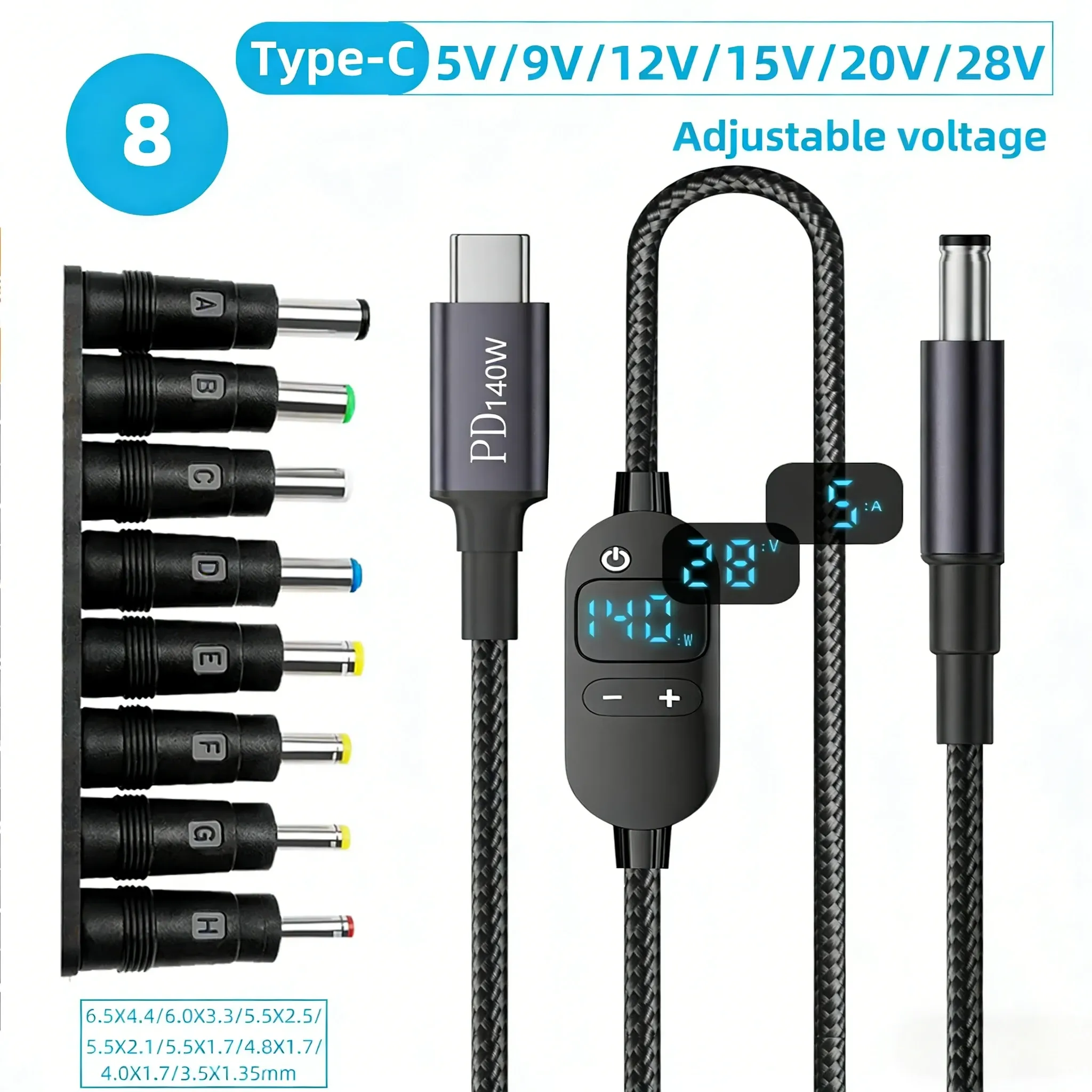 The title is already in French, so this is a cleanup: removing the sales-style repetition while keeping the technical details.

Câble d'alimentation USB-C vers DC 140 W, avec tension réglable 5 V, 9 V, 12 V, 15 V, 20 V et 28 V, pour ordinateur portable et routeur 12
