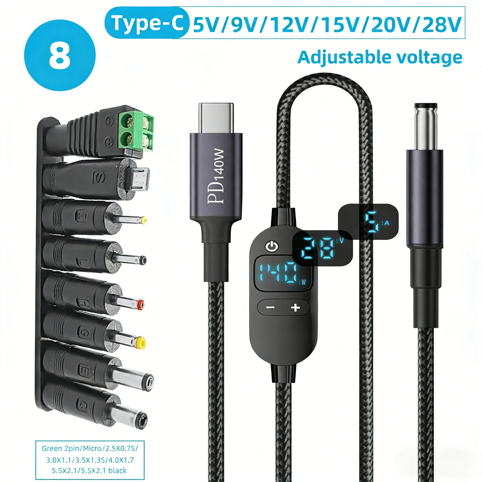 The title is already in French, so this is a cleanup: removing the sales-style repetition while keeping the technical details.

Câble d'alimentation USB-C vers DC 140 W, avec tension réglable 5 V, 9 V, 12 V, 15 V, 20 V et 28 V, pour ordinateur portable et routeur 9