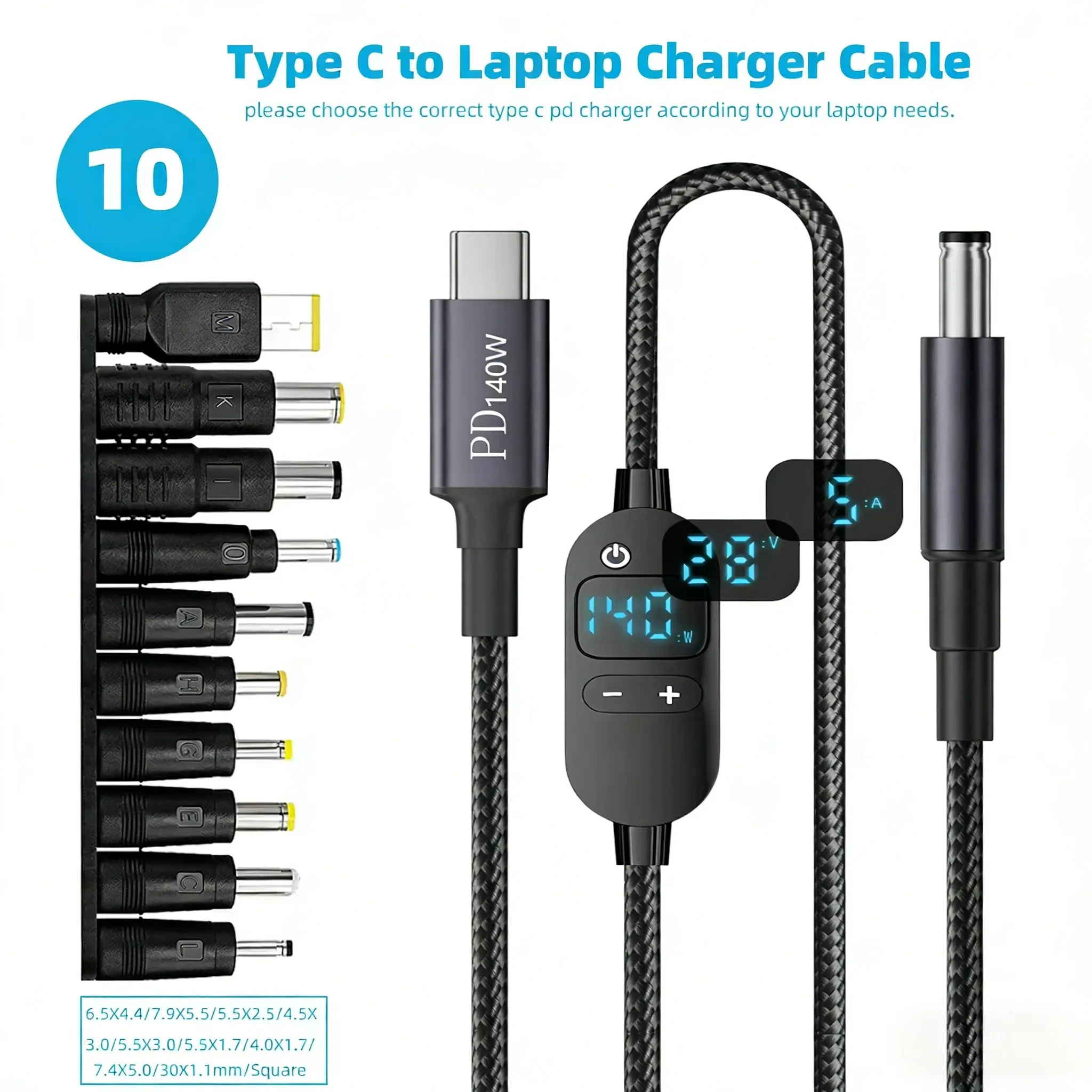 The title is already in French, so this is a cleanup: removing the sales-style repetition while keeping the technical details.

Câble d'alimentation USB-C vers DC 140 W, avec tension réglable 5 V, 9 V, 12 V, 15 V, 20 V et 28 V, pour ordinateur portable et routeur 8