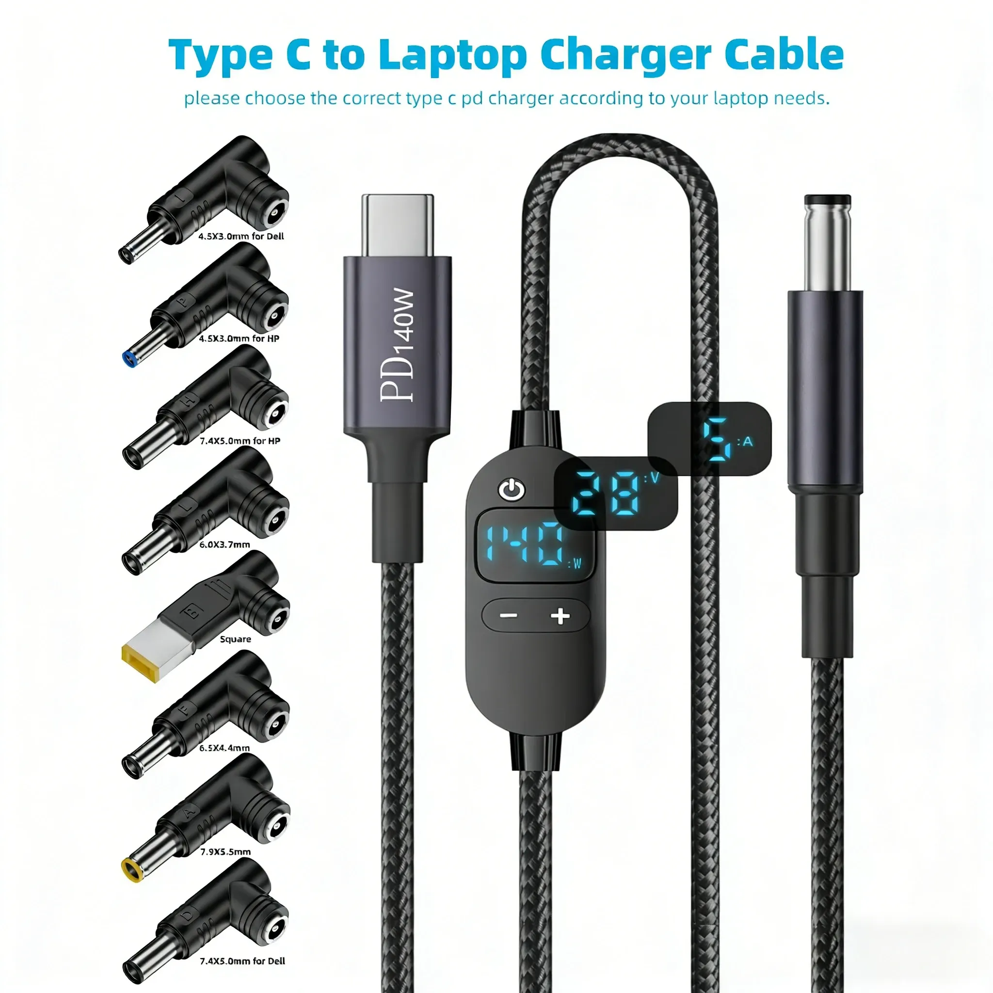 The title is already in French, so this is a cleanup: removing the sales-style repetition while keeping the technical details.

Câble d'alimentation USB-C vers DC 140 W, avec tension réglable 5 V, 9 V, 12 V, 15 V, 20 V et 28 V, pour ordinateur portable et routeur 11