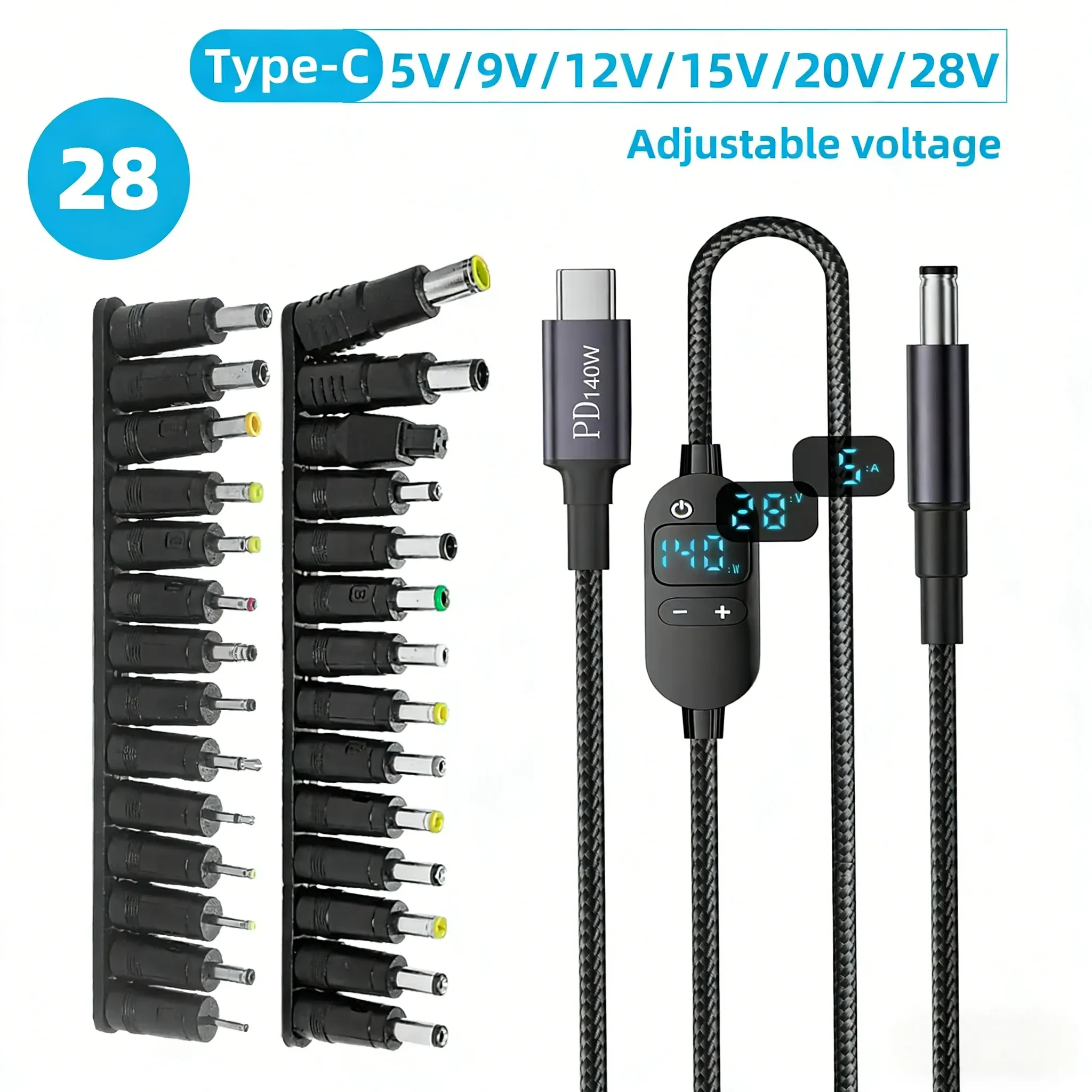 The title is already in French, so this is a cleanup: removing the sales-style repetition while keeping the technical details.

Câble d'alimentation USB-C vers DC 140 W, avec tension réglable 5 V, 9 V, 12 V, 15 V, 20 V et 28 V, pour ordinateur portable et routeur 10