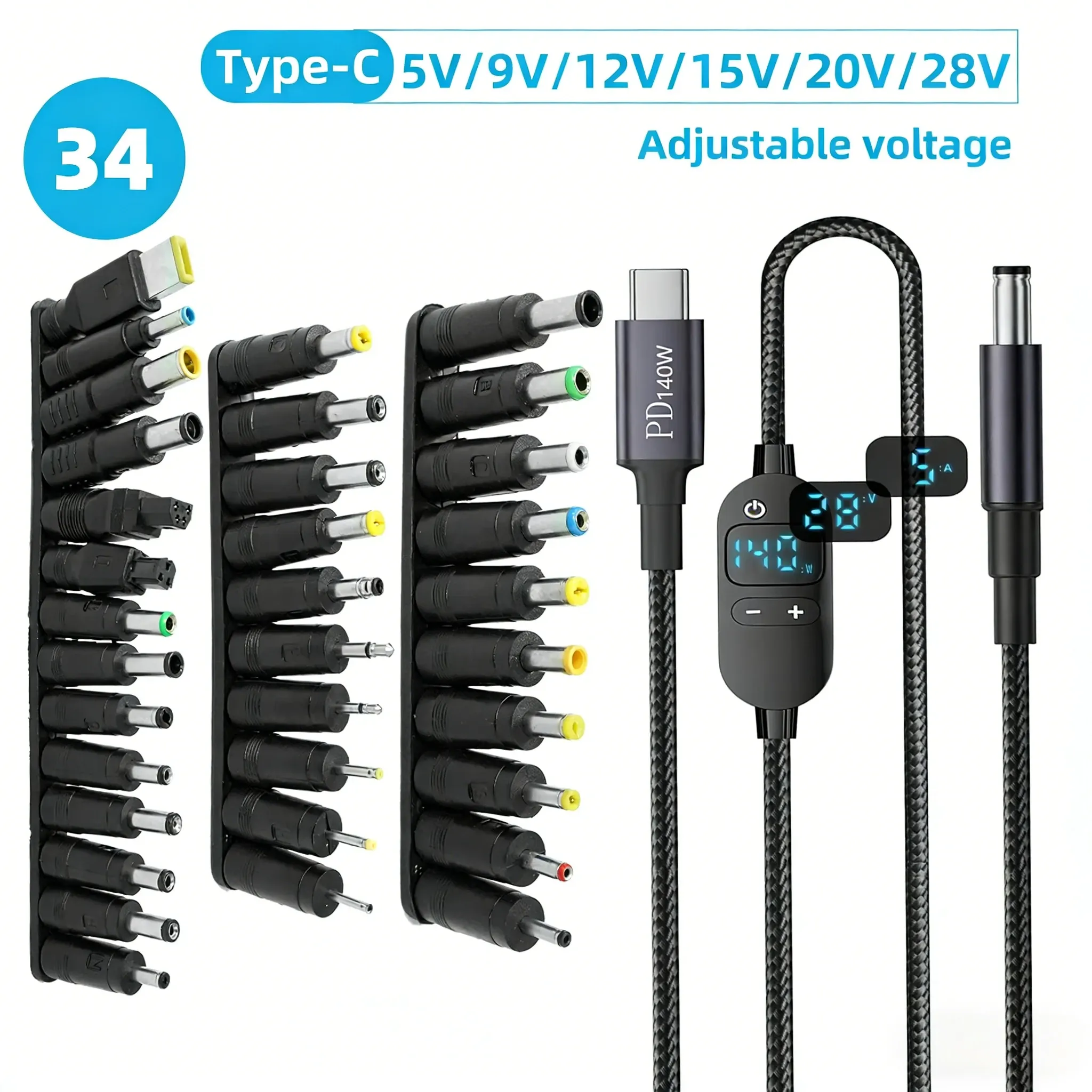 The title is already in French, so this is a cleanup: removing the sales-style repetition while keeping the technical details.

Câble d'alimentation USB-C vers DC 140 W, avec tension réglable 5 V, 9 V, 12 V, 15 V, 20 V et 28 V, pour ordinateur portable et routeur 7