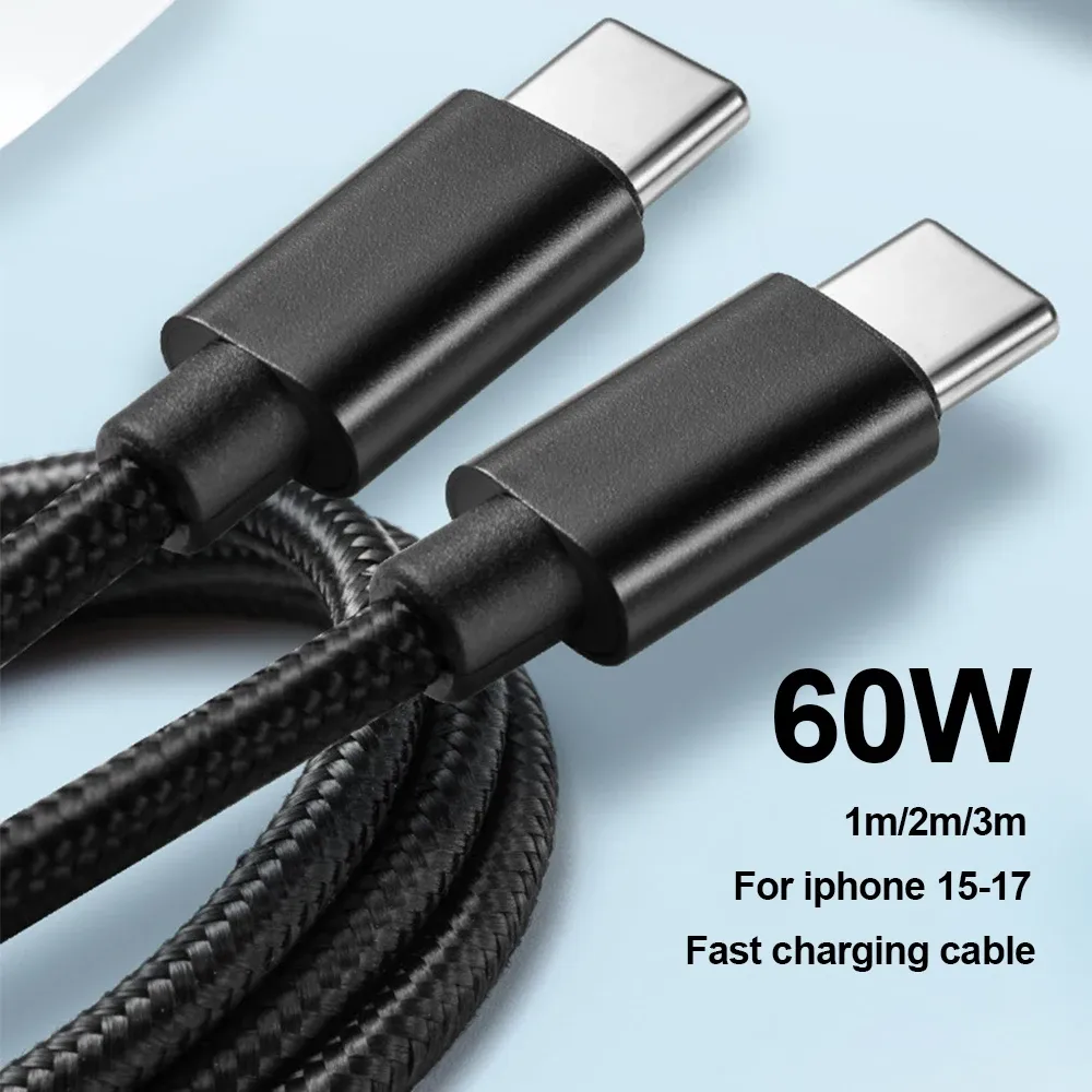 Câble USB-C tressé en nylon 60W pour iPhone 15, 16, 17 Pro Max, longueurs 1m, 2m et 3m, câble de charge rapide USB-C vers USB-C pour Samsung, Xiaomi et Huawei 2