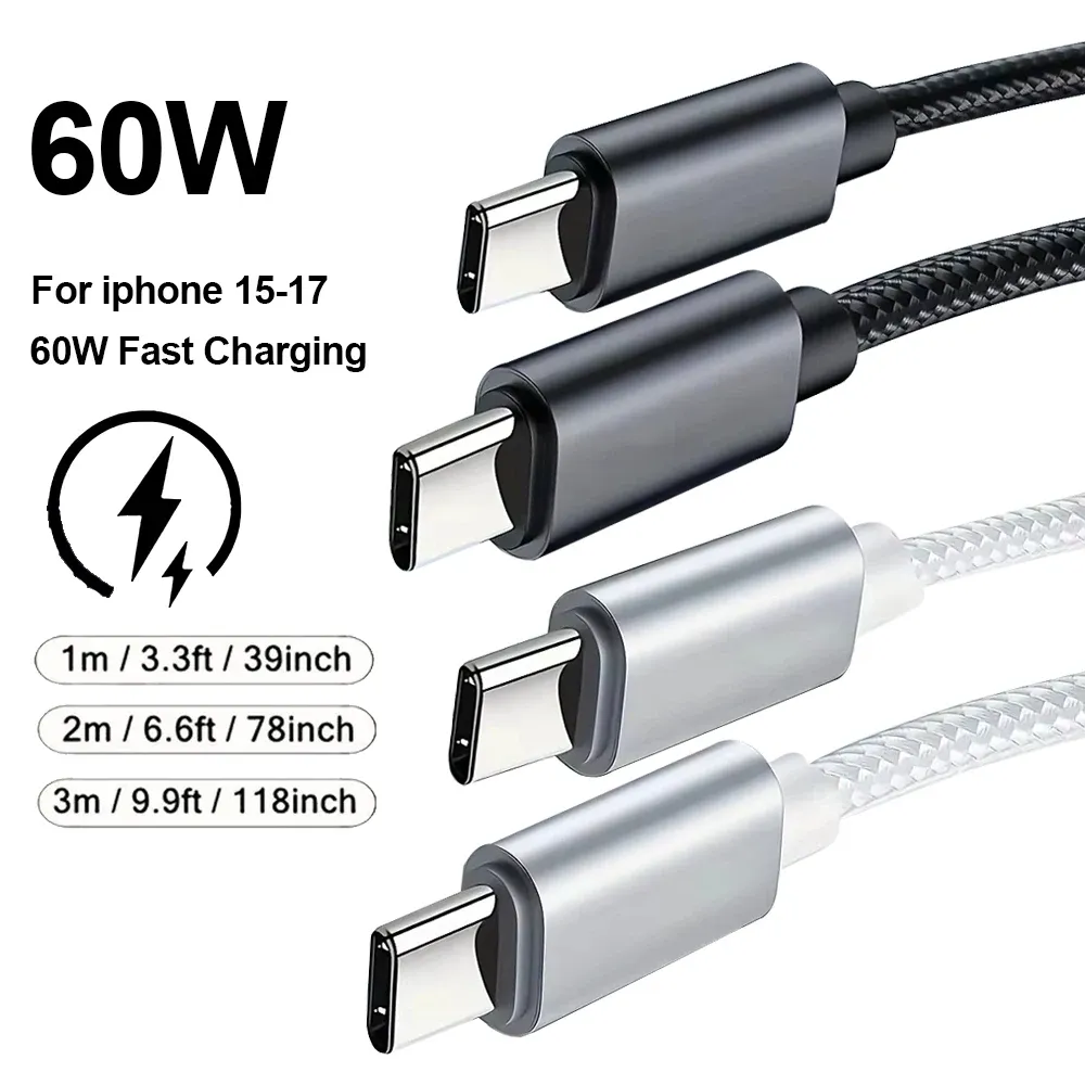 Câble USB-C tressé en nylon 60W pour iPhone 15, 16, 17 Pro Max, longueurs 1m, 2m et 3m, câble de charge rapide USB-C vers USB-C pour Samsung, Xiaomi et Huawei 3