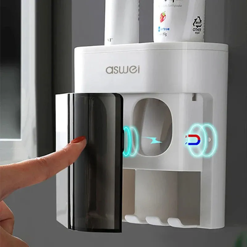 Distributeur automatique de dentifrice mural avec porte-brosses à dents magnétique 4