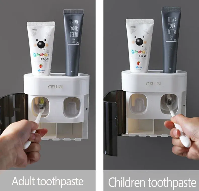 Presse-dentifrice mural vu de profil sur fond neutre