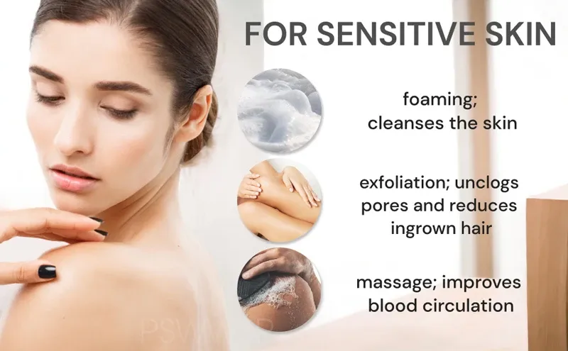 Brosse de douche exfoliante en silicone, utilisation sous la douche
