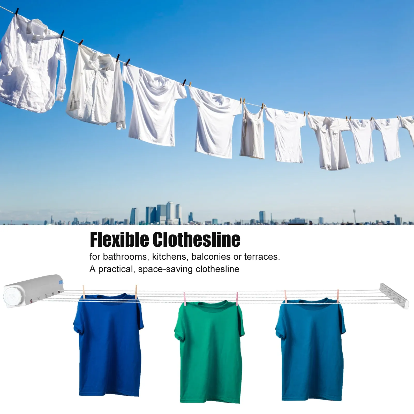 Corde à linge télescopique rétractable, corde de séchage flexible pour vêtements, usage intérieur et extérieur 3
