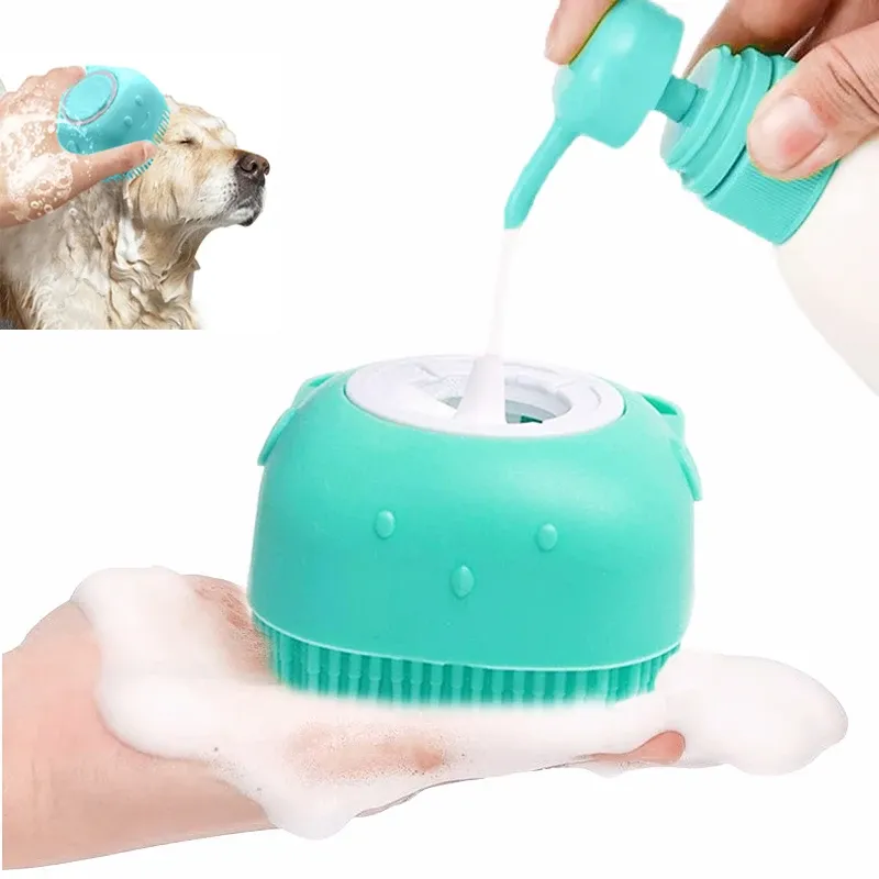 Brosse de bain en silicone souple pour chien et chat, avec peigne et masseur