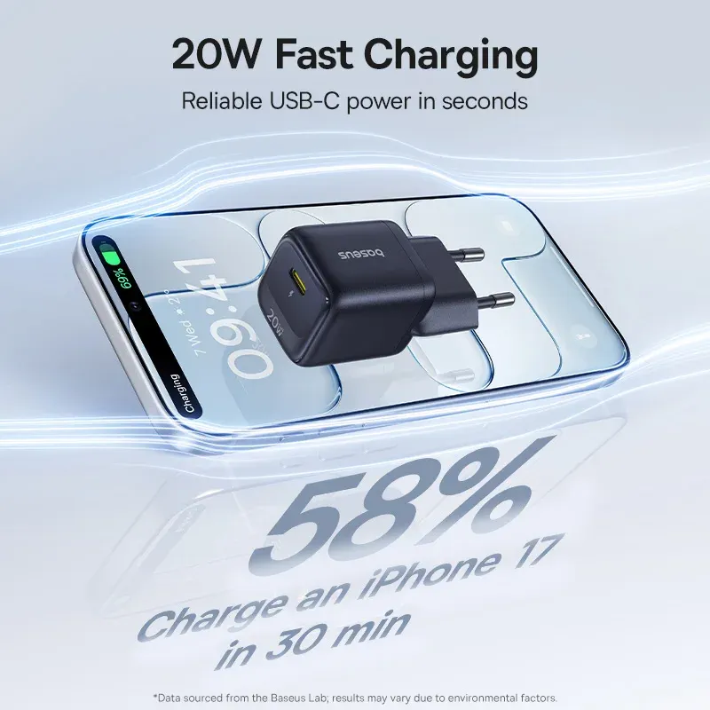 Chargeur USB Type-C Baseus 20 W, compact et portable, prise en charge du Power Delivery (PD) et de la charge rapide, compatible iPhone 15, 14, 13, 12, 11, X, 8 et Plus, Pro, Pro Max 3