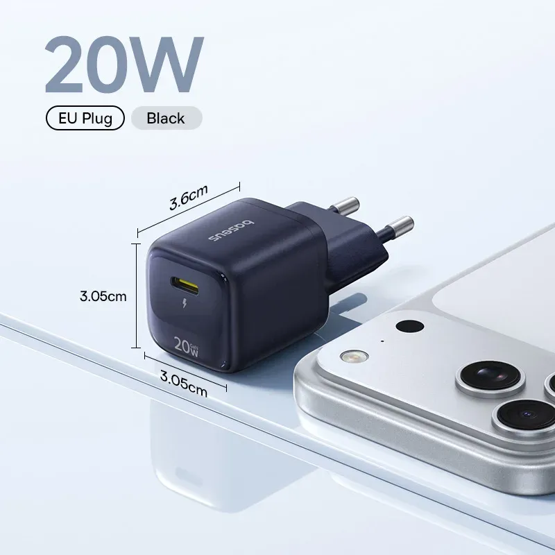 Chargeur USB Type-C Baseus 20 W, compact et portable, prise en charge du Power Delivery (PD) et de la charge rapide, compatible iPhone 15, 14, 13, 12, 11, X, 8 et Plus, Pro, Pro Max 8