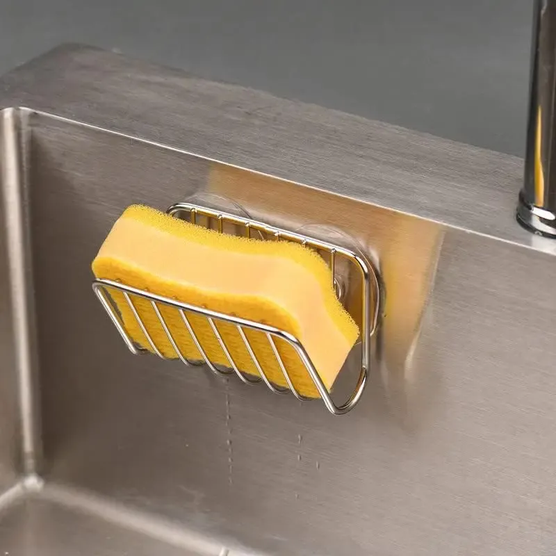 Porte-éponge pour évier de cuisine en acier inoxydable à ventouse, organisateur mural 5