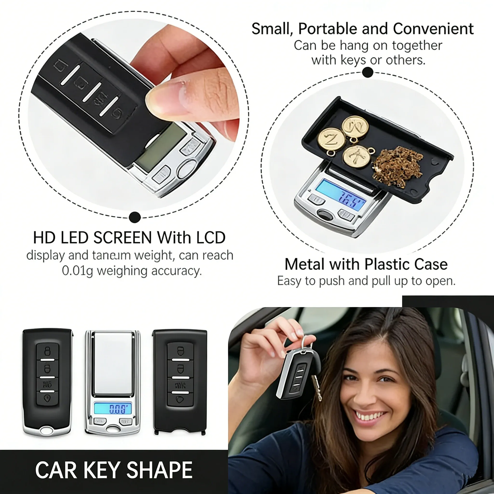 Balance de poche numérique en forme de clé de voiture, précision 0,01 g, capacité 100 g / 200 g, écran LCD 3