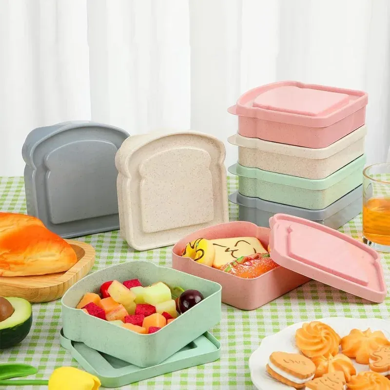 Récipient à sandwich en forme de toast avec couvercle, boîte à déjeuner réutilisable pour le camping, les pique-niques et les étudiants, lot de 4 4
