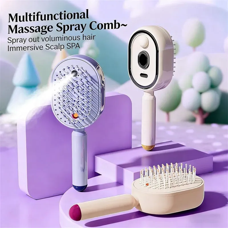 Peigne de massage électrique 3-en-1 à coussin d'air avec pulvérisateur, brosse rechargeable pour le cuir chevelu, fonction auto-nettoyante, vapeur et huiles essentielles