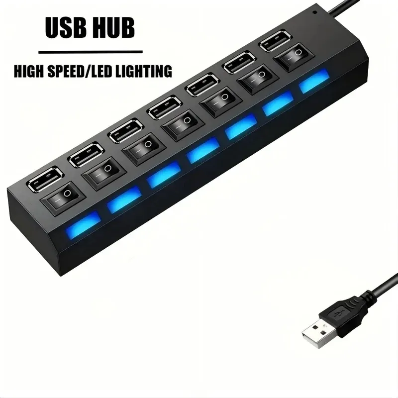 Hub USB 2.0 à 7 ports avec LED et interrupteur, répartiteur haute vitesse 5 Gbps avec adaptateur d'alimentation, pour ordinateur portable et usage domestique 1