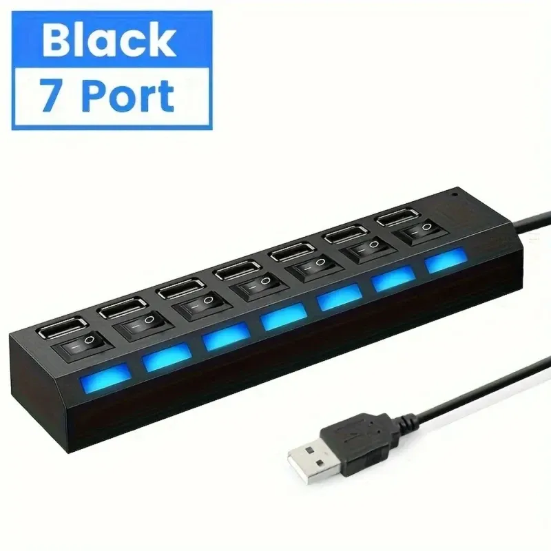 Hub USB 2.0 à 7 ports avec LED et interrupteur, répartiteur haute vitesse 5 Gbps avec adaptateur d'alimentation, pour ordinateur portable et usage domestique 2